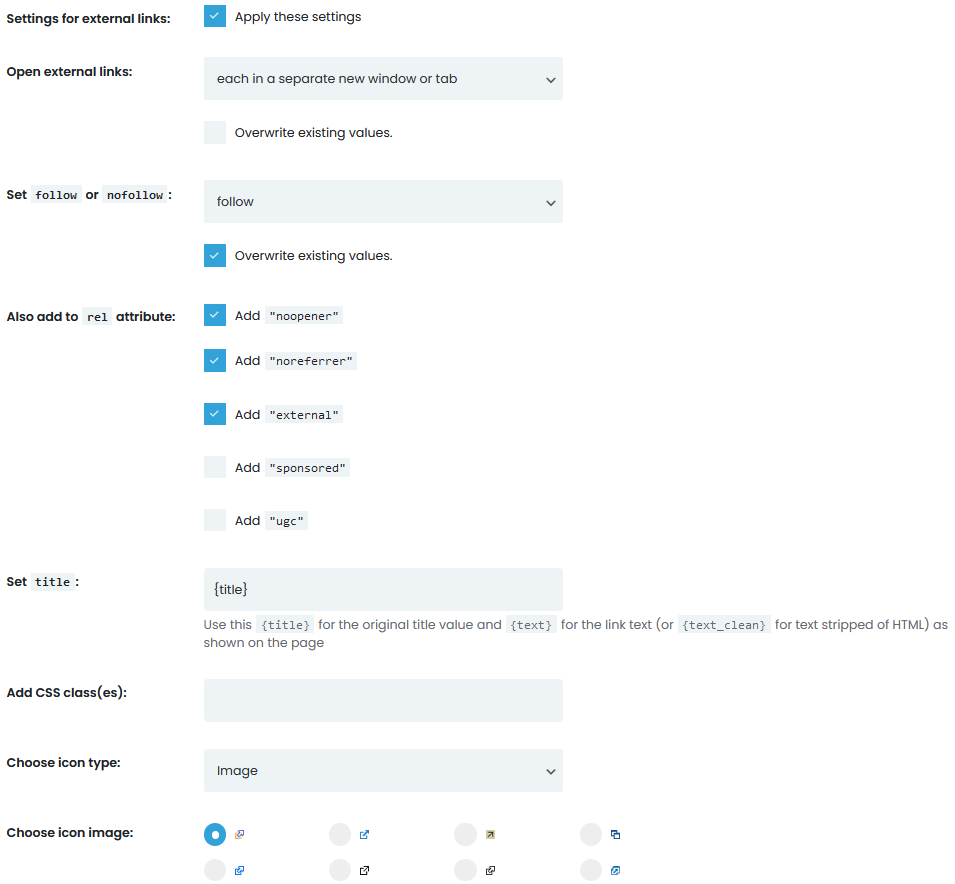 External links settings