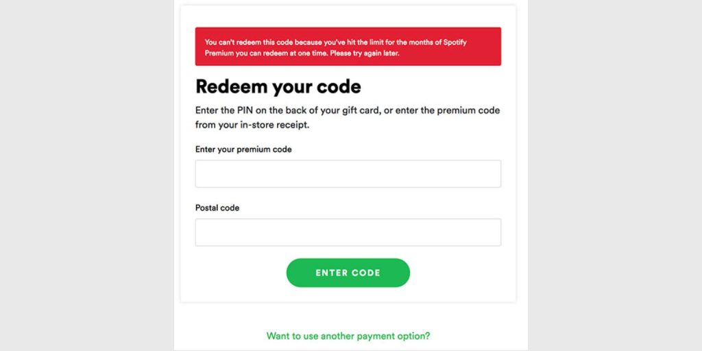 Spotify Premium Gift Card Code Not Working