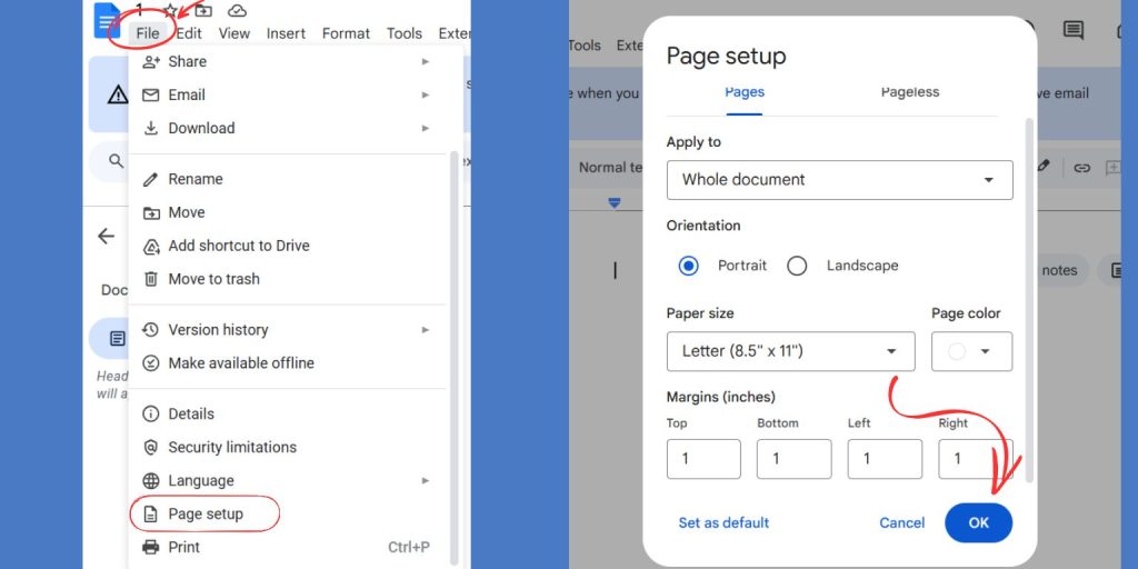 google doc file and page setup