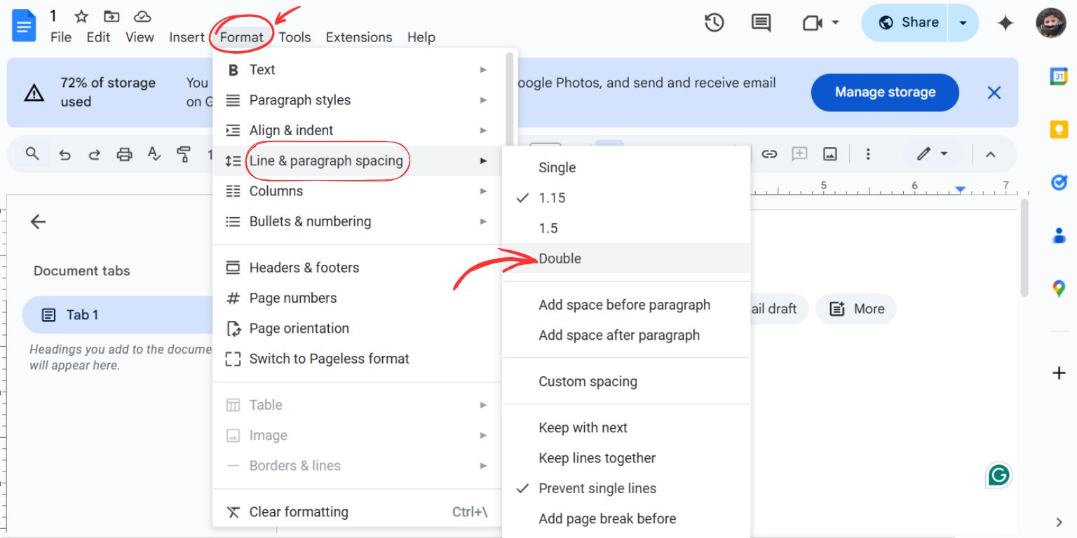 google doc format line and parpagrahs spacing select to double