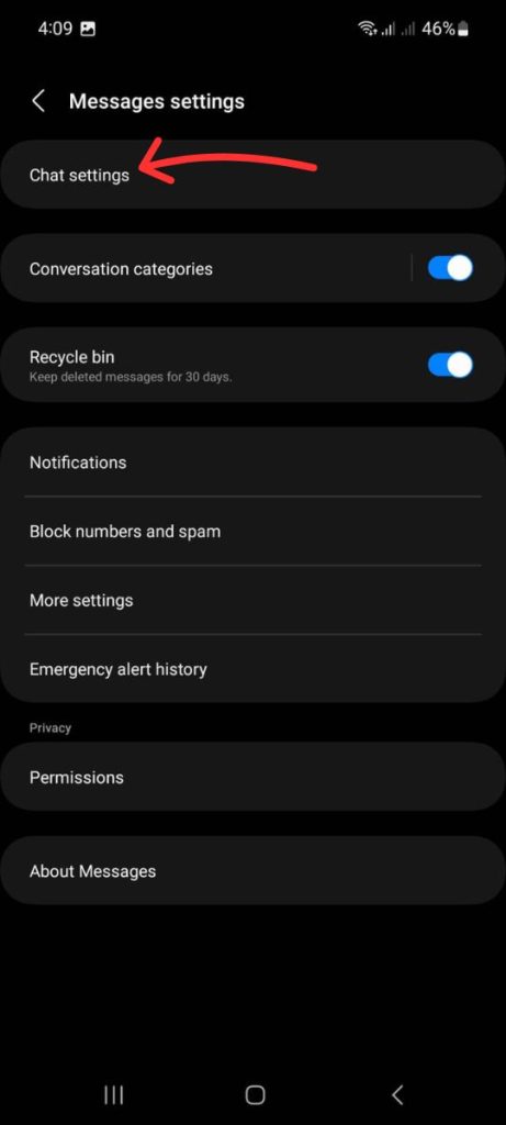 Scroll down and look for Chat settings or RCS settings (the wording may vary slightly depending on your phone model).