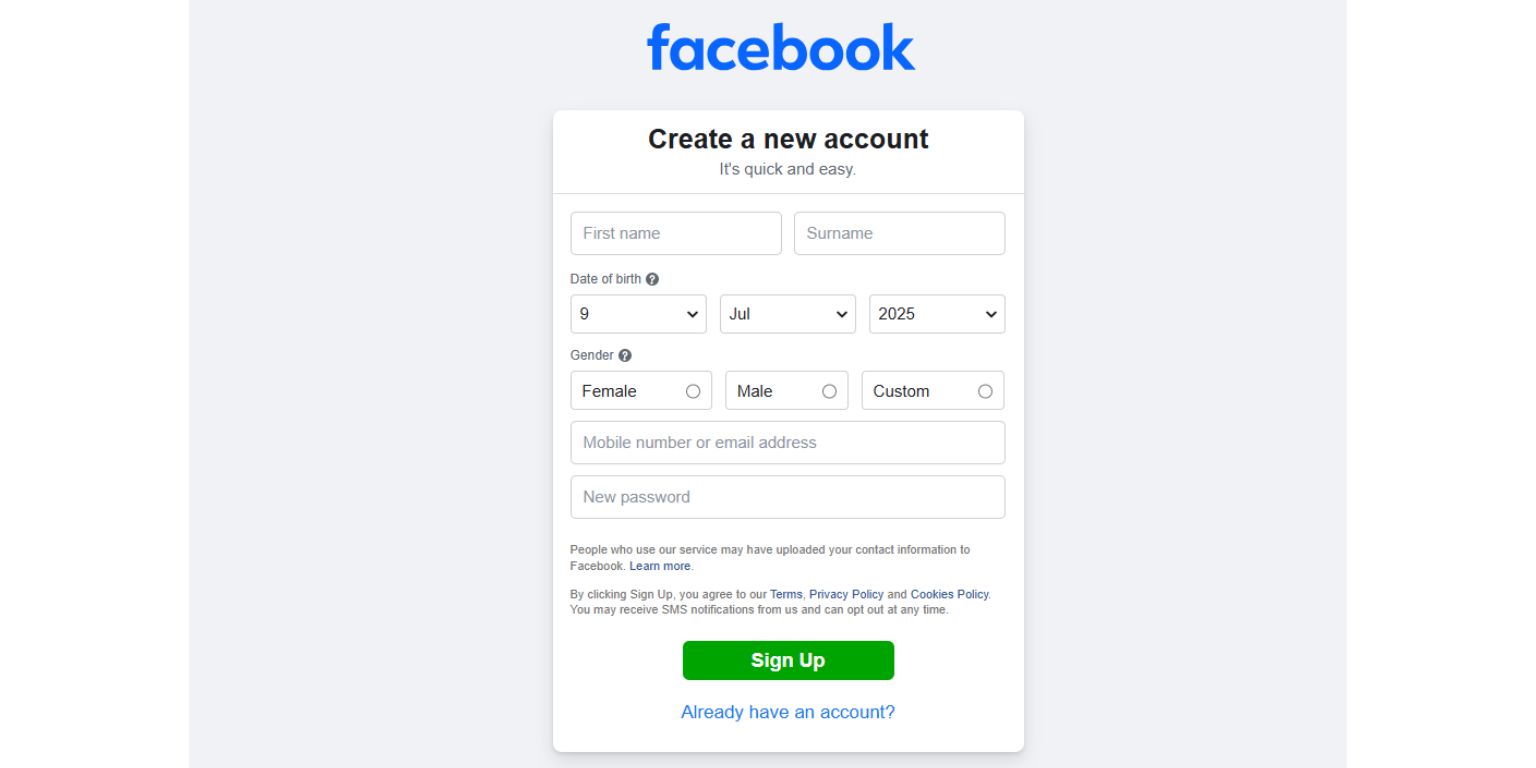 Step-by-step facebook signup instructions: