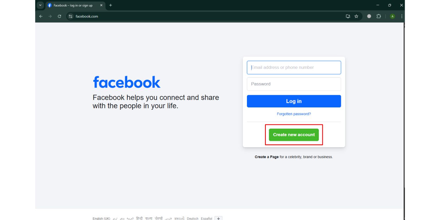 on facebook page, Tap or click Create new account.