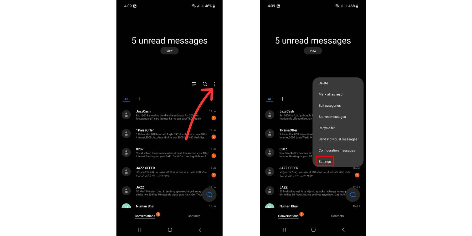 Tap the three-dot menu in the top-right corner of the screen to open the menu, then select Settings. 